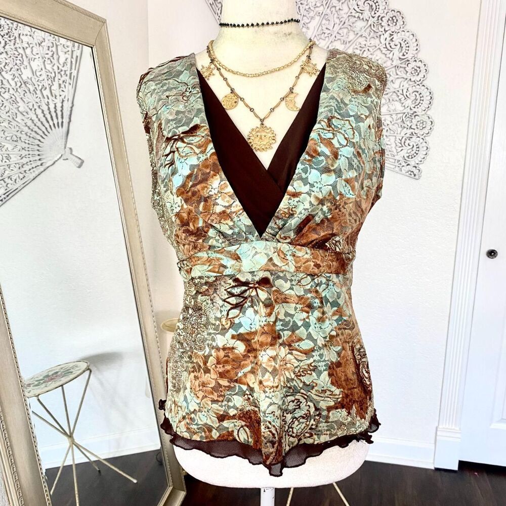 j.t.b Early 2000's Teal Blue Brown Micro Mesh Layered Lace Top Blouse M